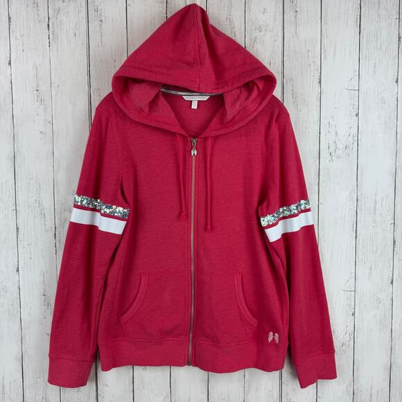 Victoria's Secret Pink Silver Sequin Bling Full Zip Hoodie Sweater Size Medium - Picture 2 of 16